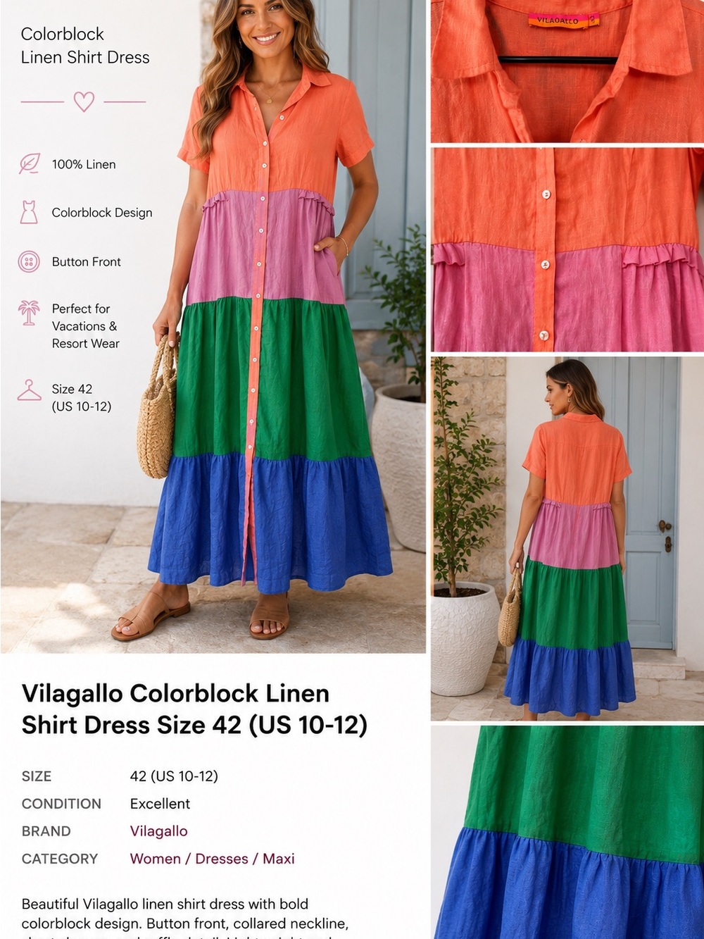 Vilagallo Colorblock Linen Button Front Shirt Dress EU 42 Resort Vacation Dress